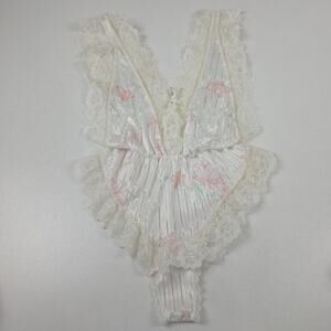 VTG Floral Satin Lace Bodysuit Womens Medium White Ruffle Pleated Lingerie